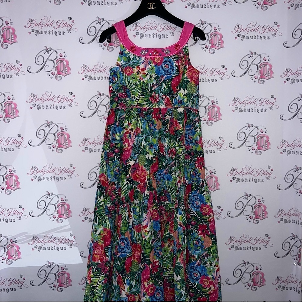 Monsoon dress tropical floral vacation gold sparkly thread jewels rhinestones